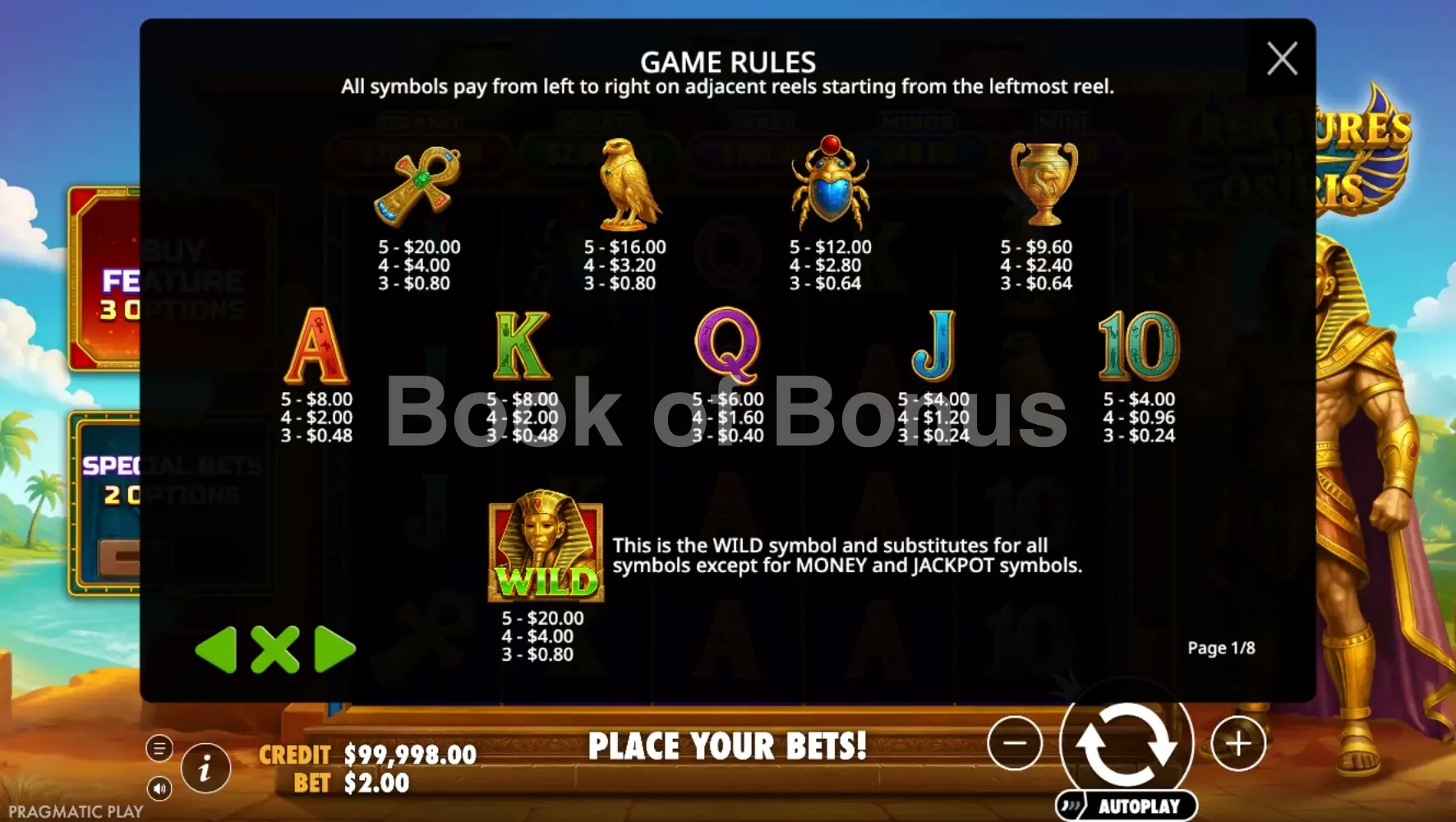 Treasures of Osiris par Pragmatic Play - table des gains et valeurs des symboles