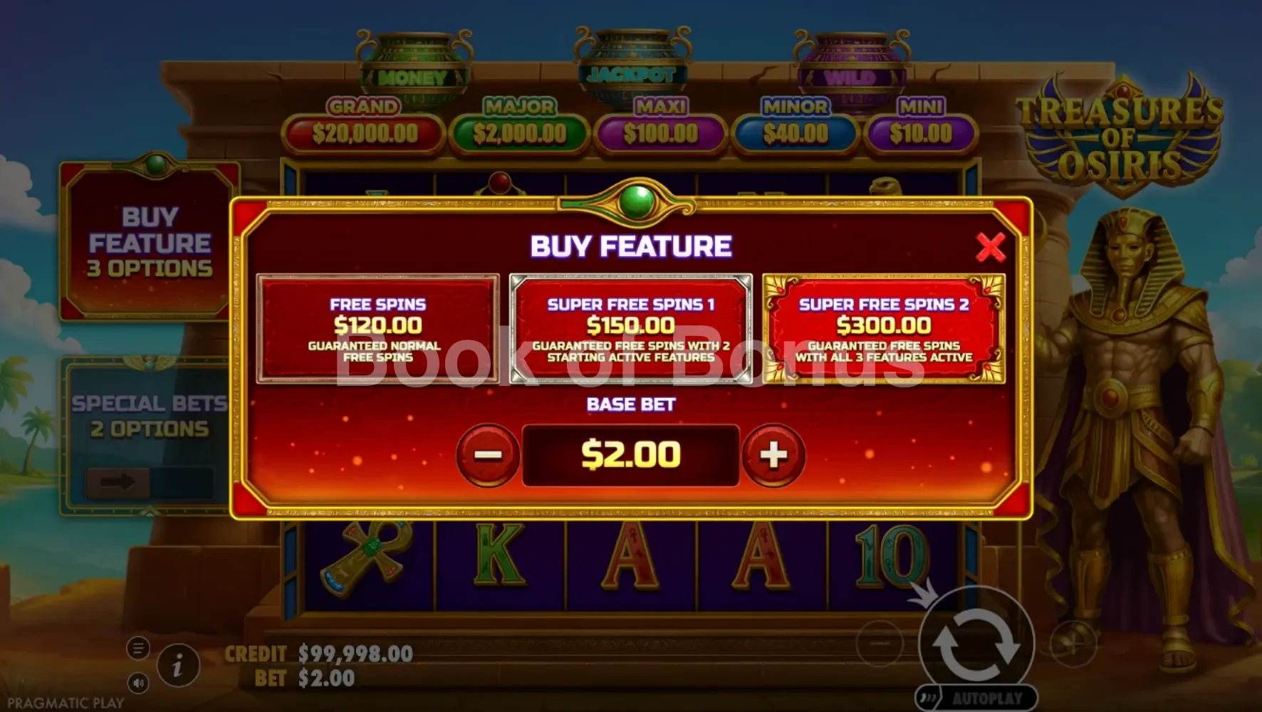 Treasures of Osiris par Pragmatic Play - menu d'achat de bonus et options