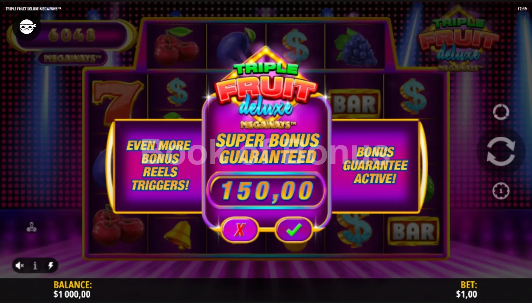Triple Fruit Deluxe Megaways par iSoftBet - menu d'achat de bonus et options