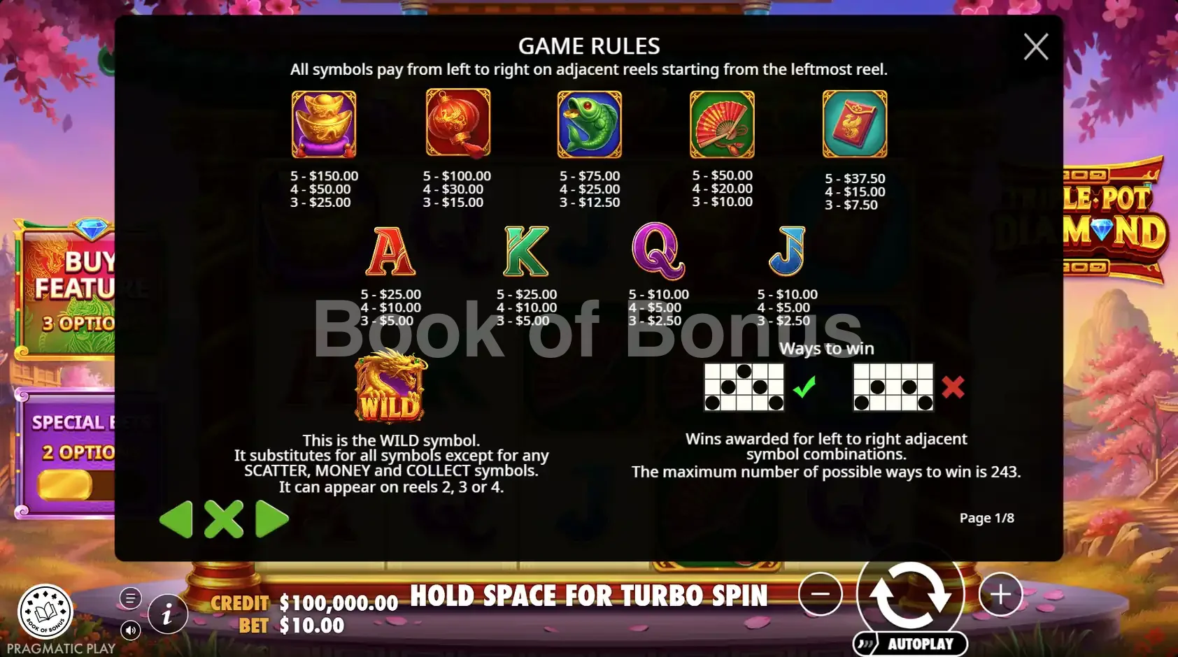 Triple Pot Diamond par Pragmatic Play - table des gains et valeurs des symboles