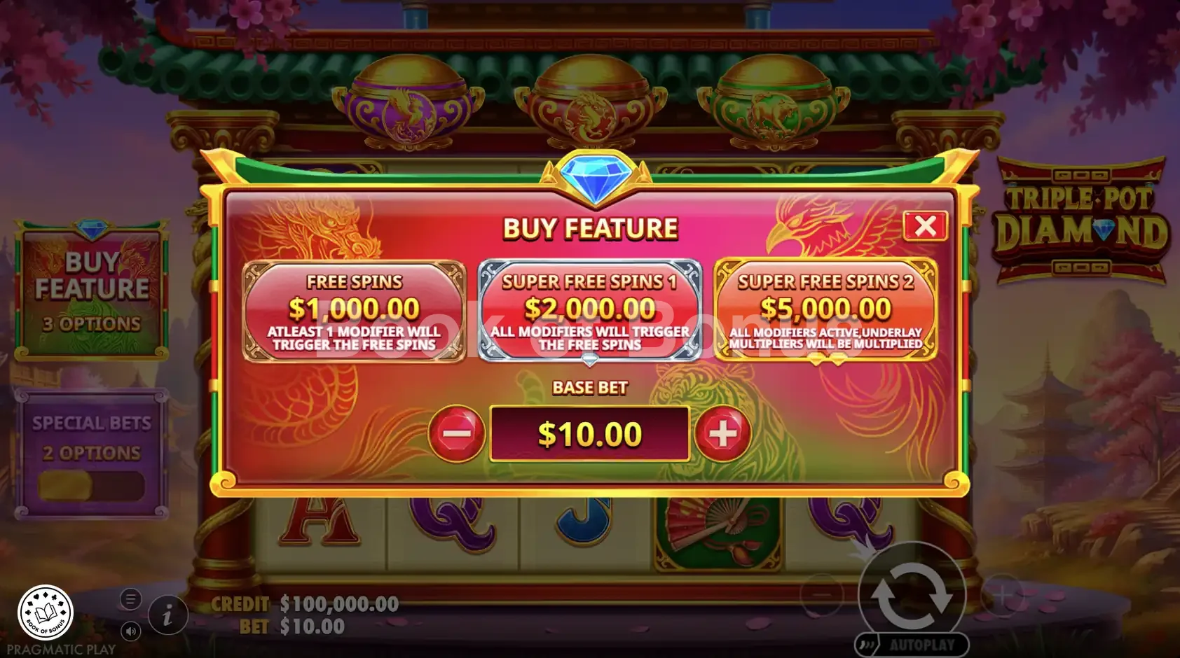 Triple Pot Diamond par Pragmatic Play - menu d'achat de bonus et options