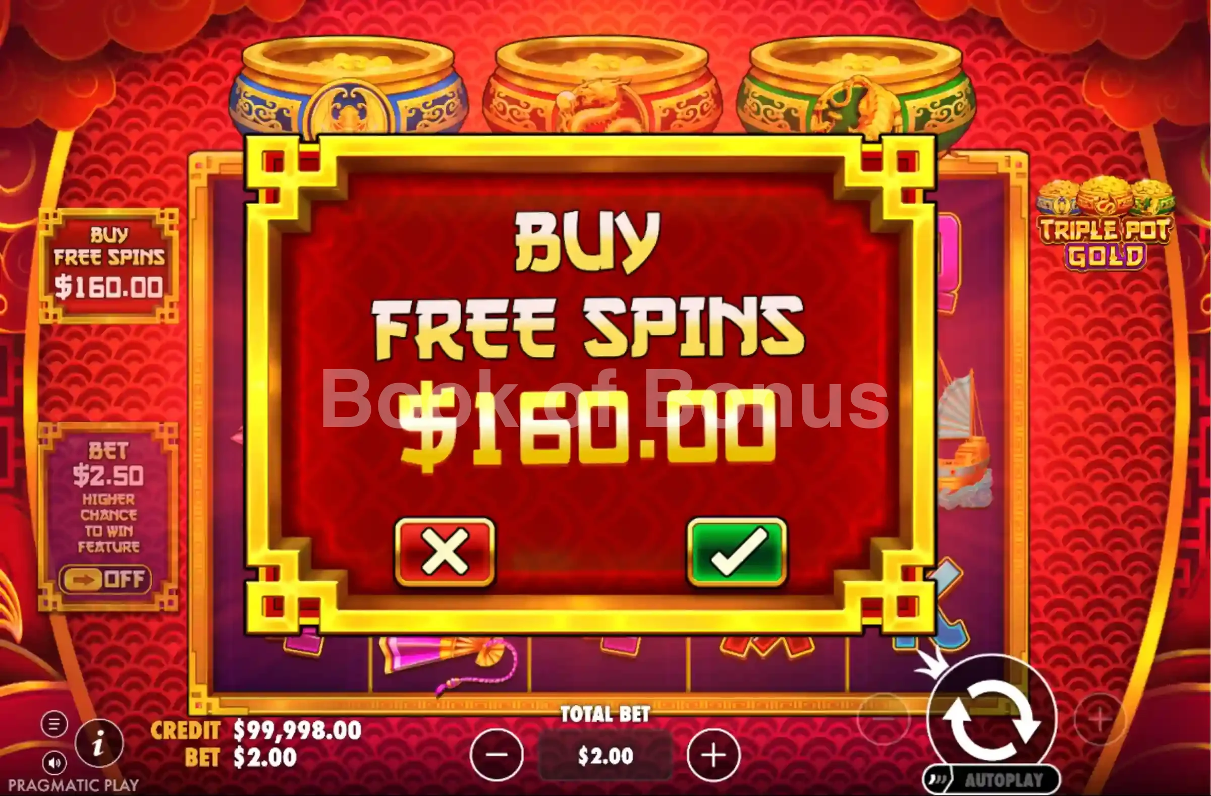 Triple Pot Gold par Pragmatic Play - menu d'achat de bonus et options