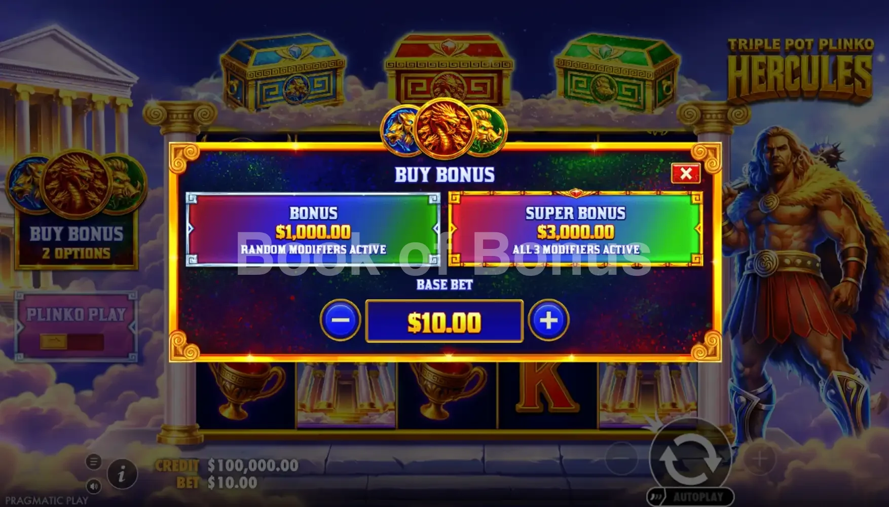 Triple Pot Plinko Hercules par Pragmatic Play - menu d'achat de bonus et options