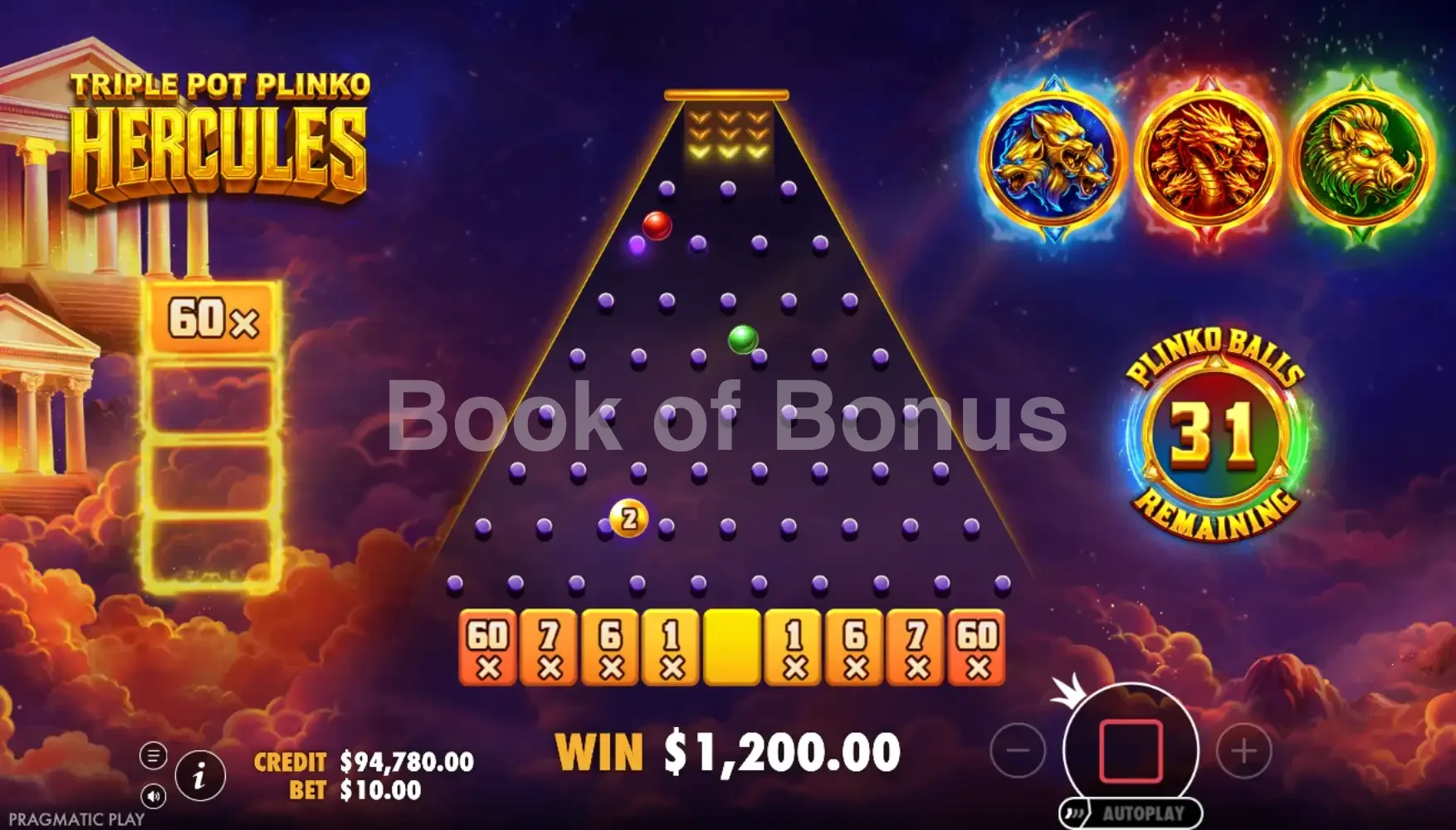 Triple Pot Plinko Hercules par Pragmatic Play - tours gratuits