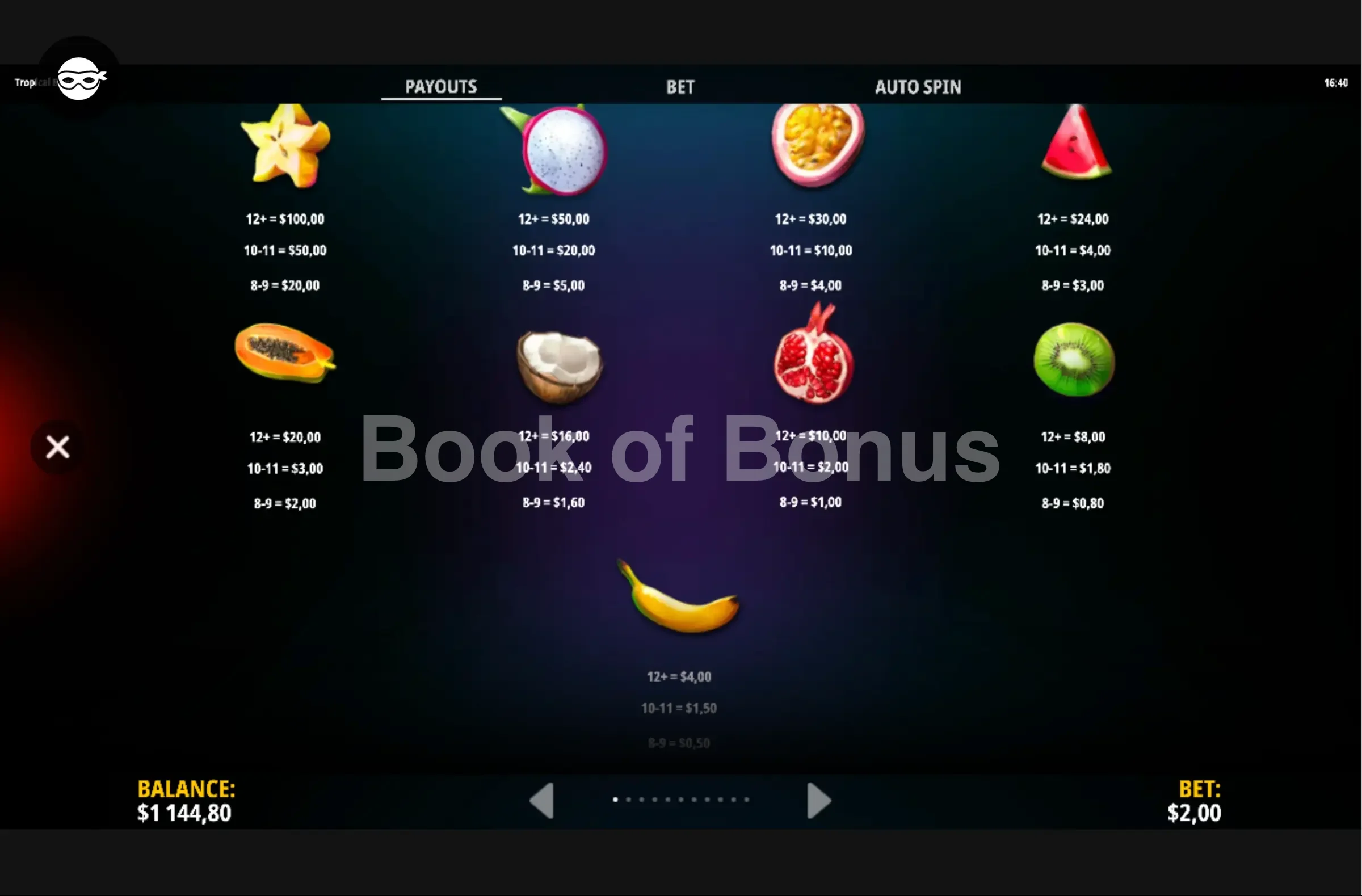 Tropical Bonanza par iSoftBet - table des gains et valeurs des symboles