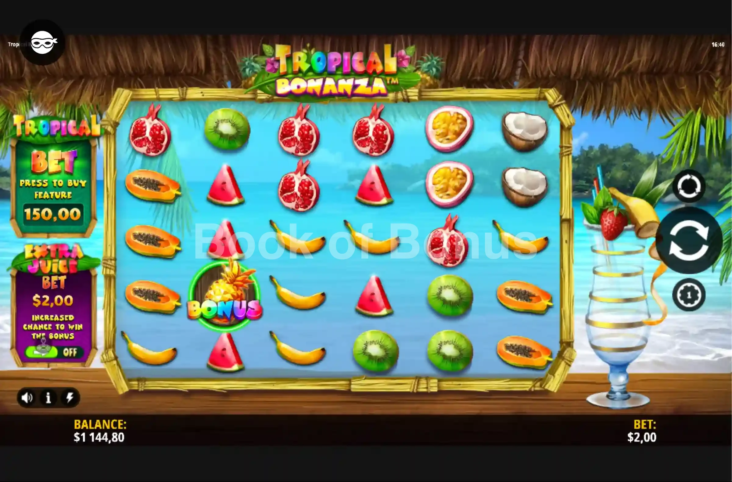 Tropical Bonanza par iSoftBet - jeu de base et disposition des rouleaux