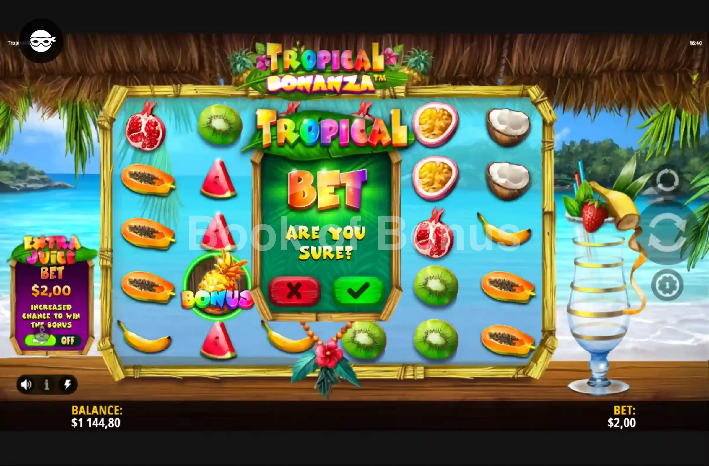 Tropical Bonanza par iSoftBet - menu d'achat de bonus et options