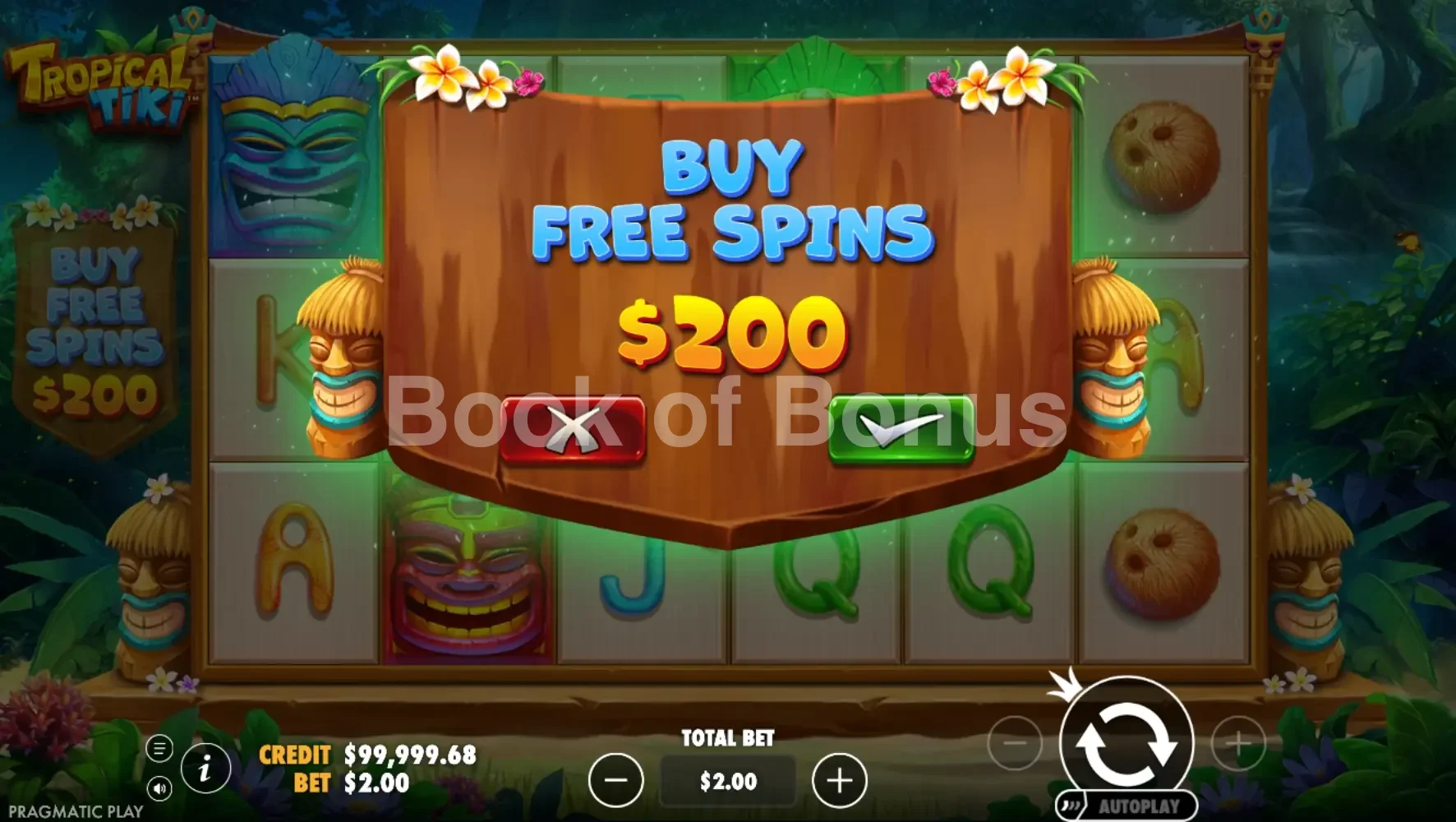 Tropical Tiki par Pragmatic Play - menu d'achat de bonus et options