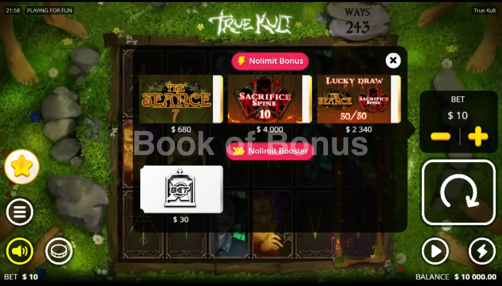 True Kult par Nolimit City - menu d'achat de bonus et options