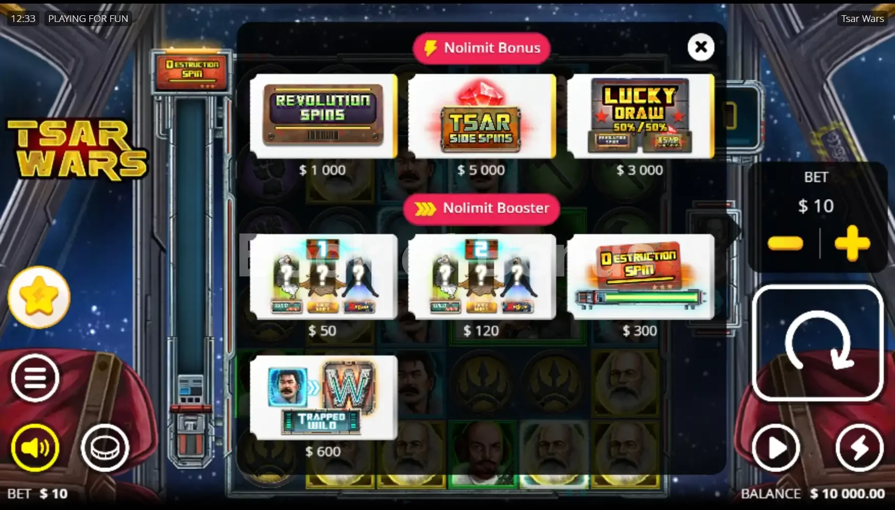 Tsar Wars par Nolimit City - menu d'achat de bonus et options