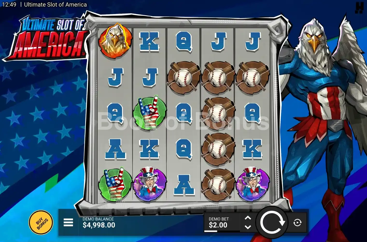 Ultimate Slot of America par Hacksaw Gaming - jeu de base et disposition des rouleaux