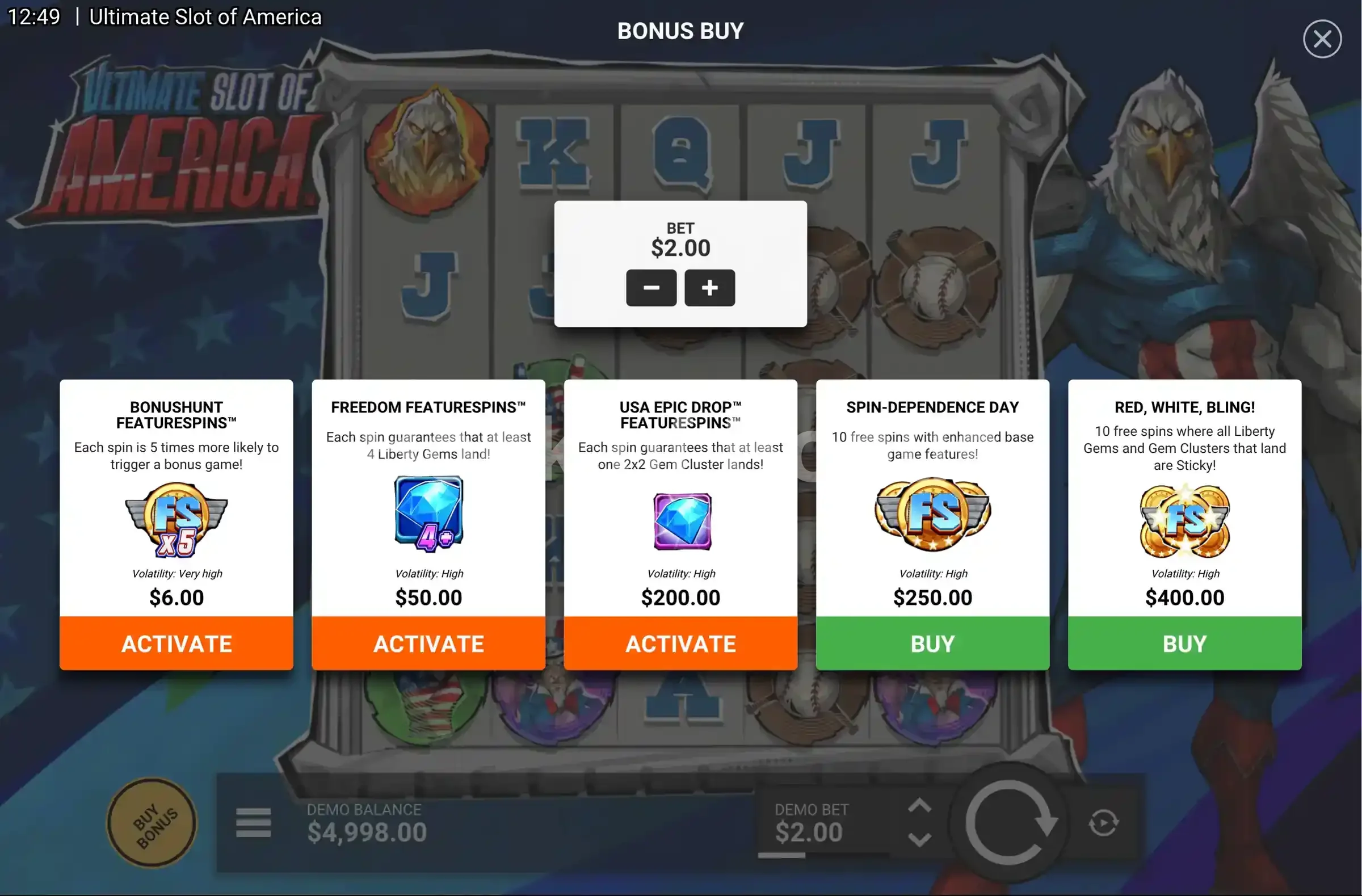 Ultimate Slot of America par Hacksaw Gaming - menu d'achat de bonus et options