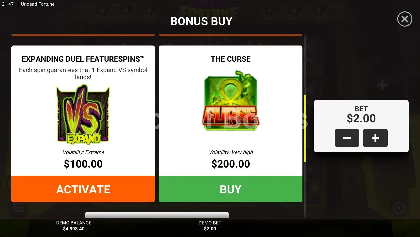 Undead Fortune par Hacksaw Gaming - menu d'achat de bonus et options