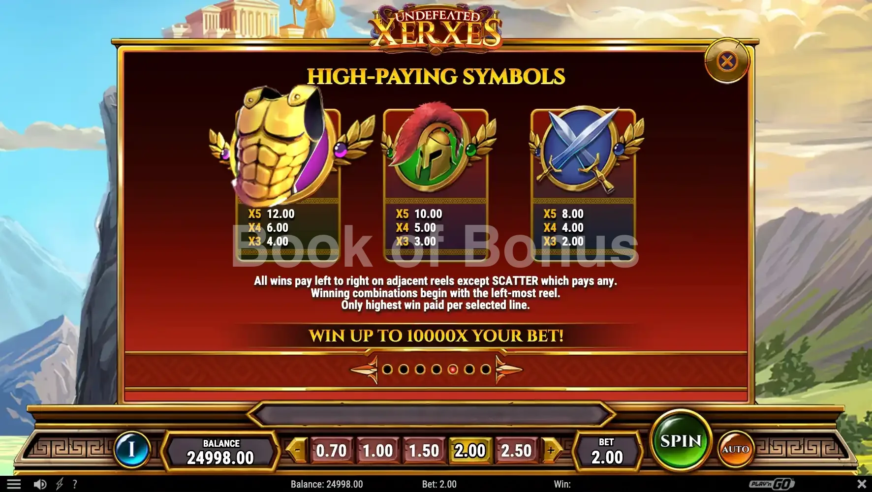 Undefeated Xerxes par Play'n GO - table des gains et valeurs des symboles