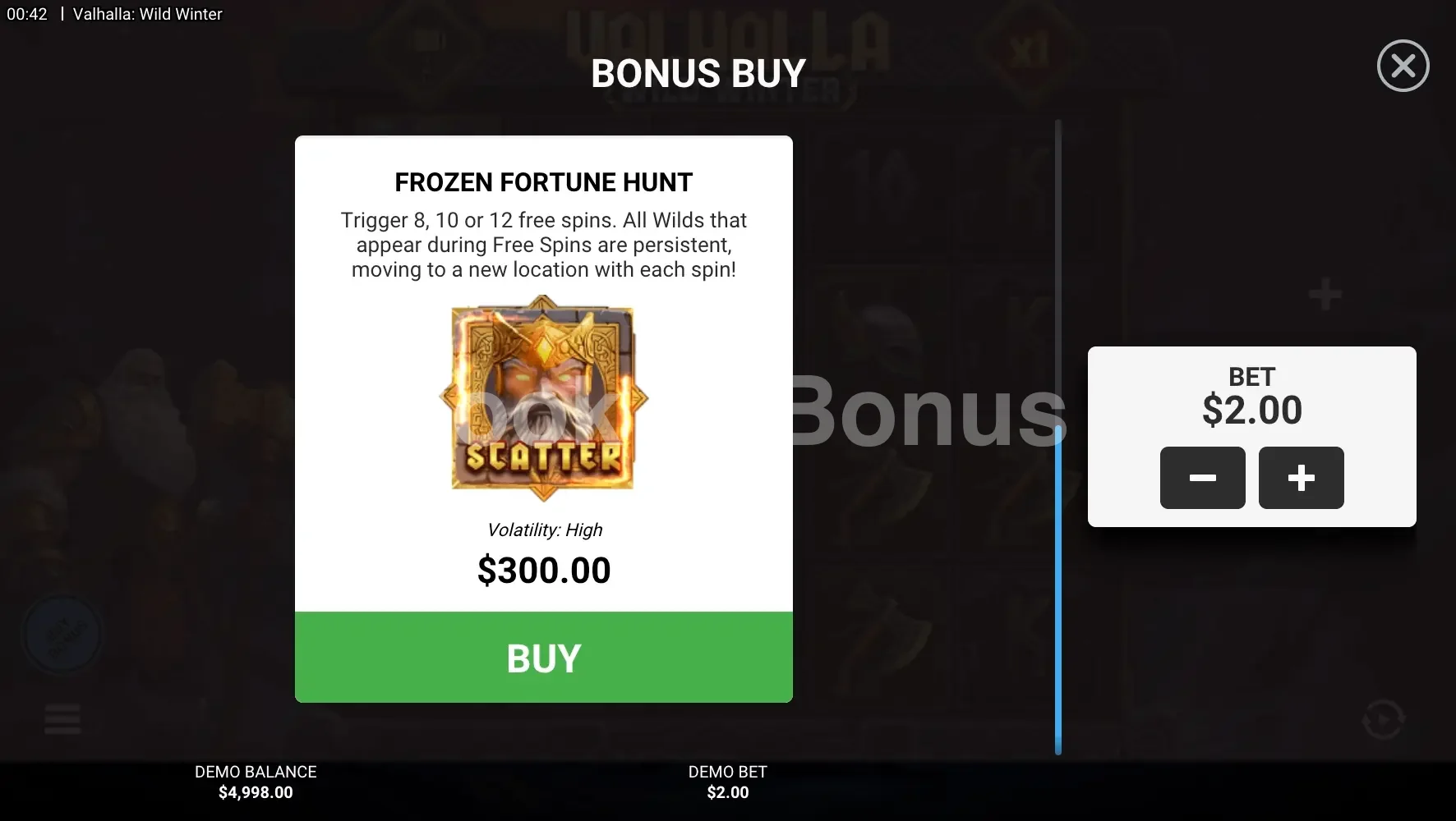 Valhalla Wild Winter par Hacksaw Gaming - menu d'achat de bonus et options