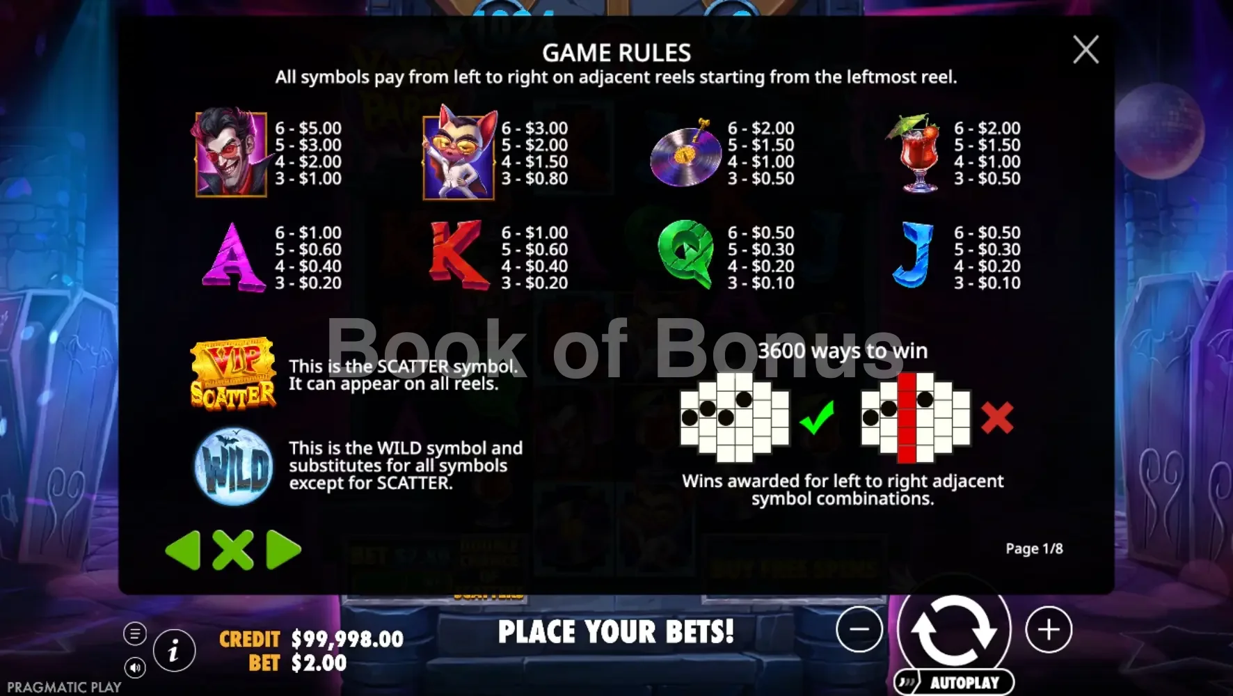 Vampy Party par Pragmatic Play - table des gains et valeurs des symboles
