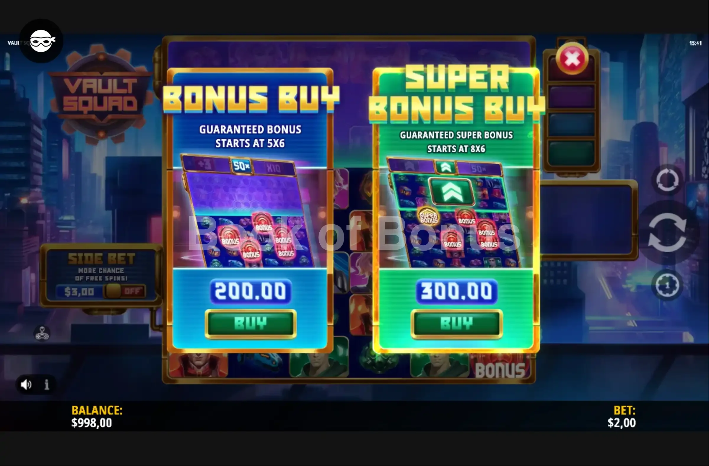 Vault Squad par iSoftBet - menu d'achat de bonus et options