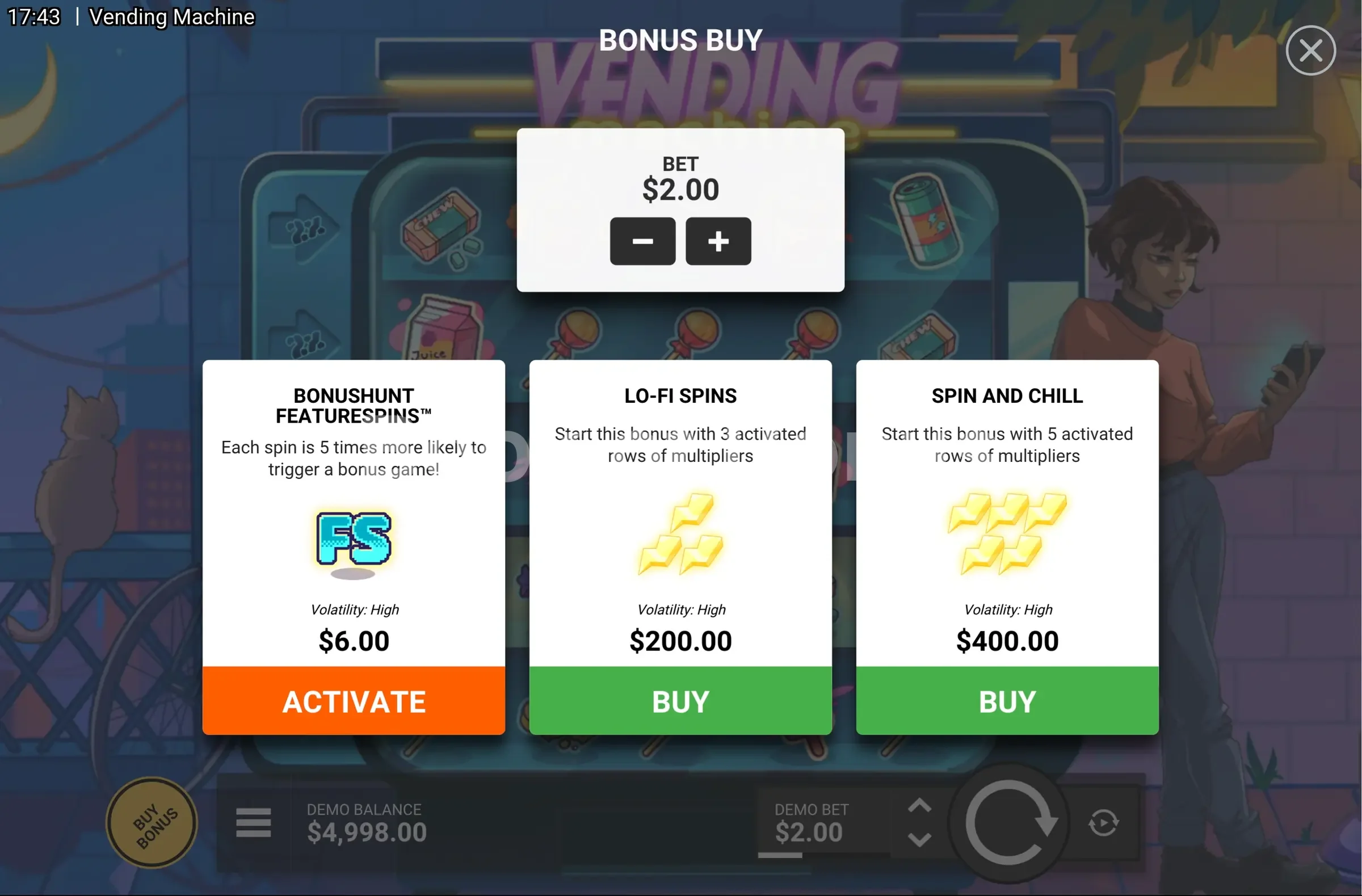 Vending Machine par Hacksaw Gaming - menu d'achat de bonus et options