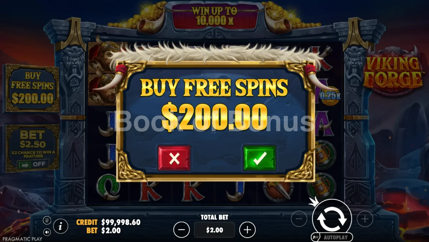 Viking Forge par Pragmatic Play - menu d'achat de bonus et options