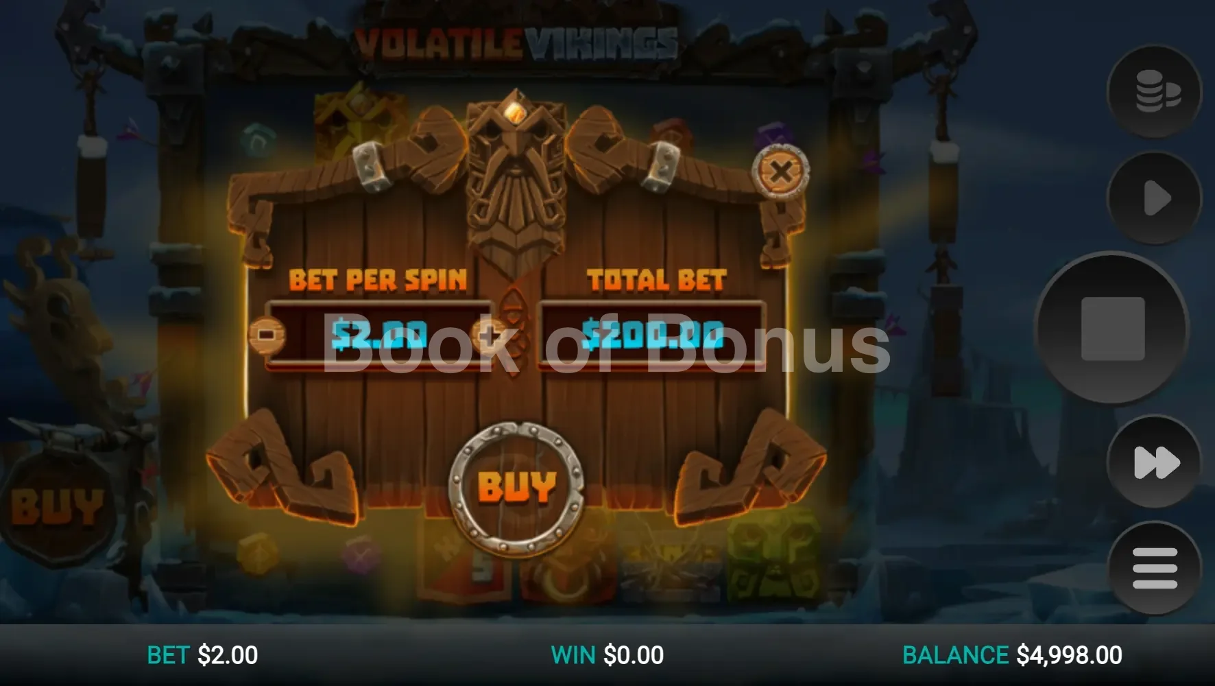 Volatile Vikings par Relax Gaming - menu d'achat de bonus et options