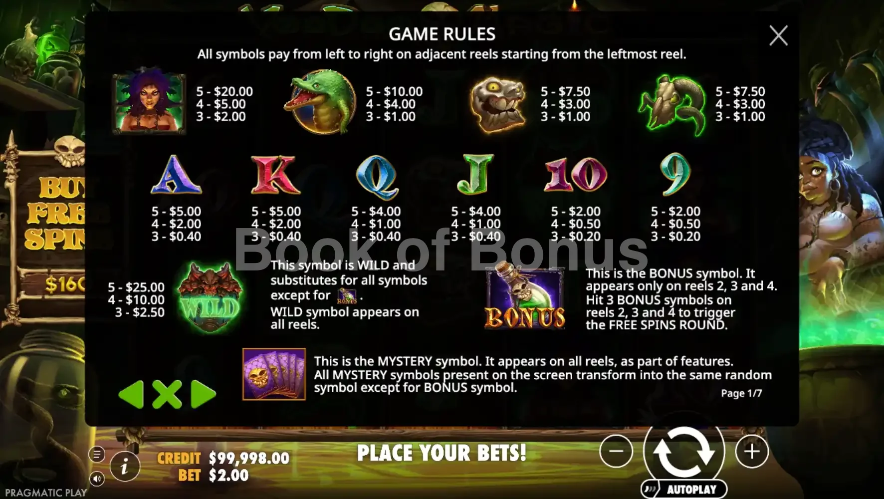 Voodoo Magic par Pragmatic Play - table des gains et valeurs des symboles