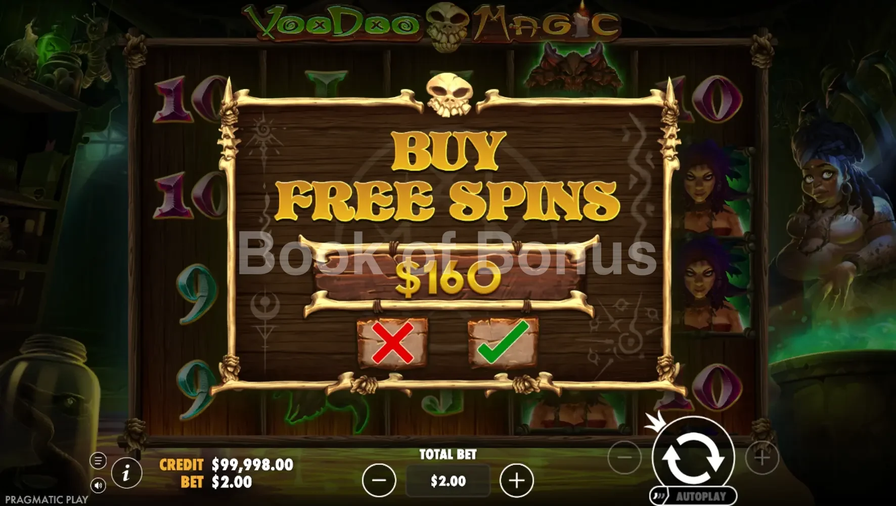 Voodoo Magic par Pragmatic Play - menu d'achat de bonus et options