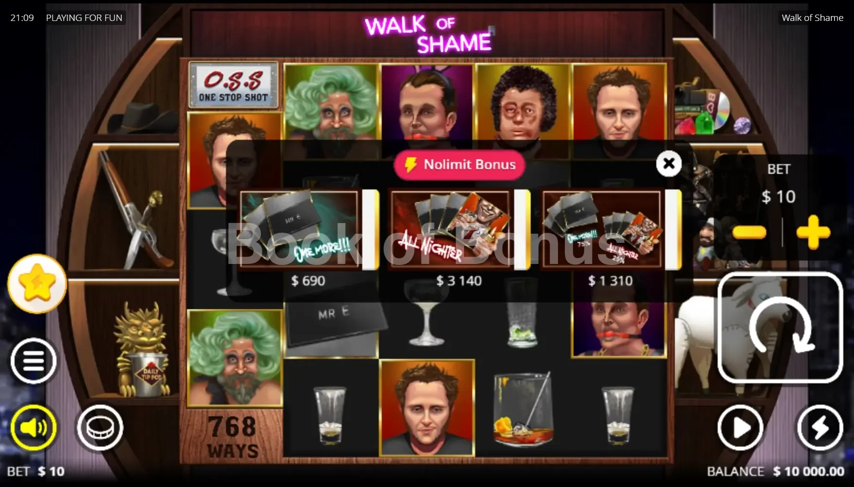 Walk of Shame par Nolimit City - menu d'achat de bonus et options