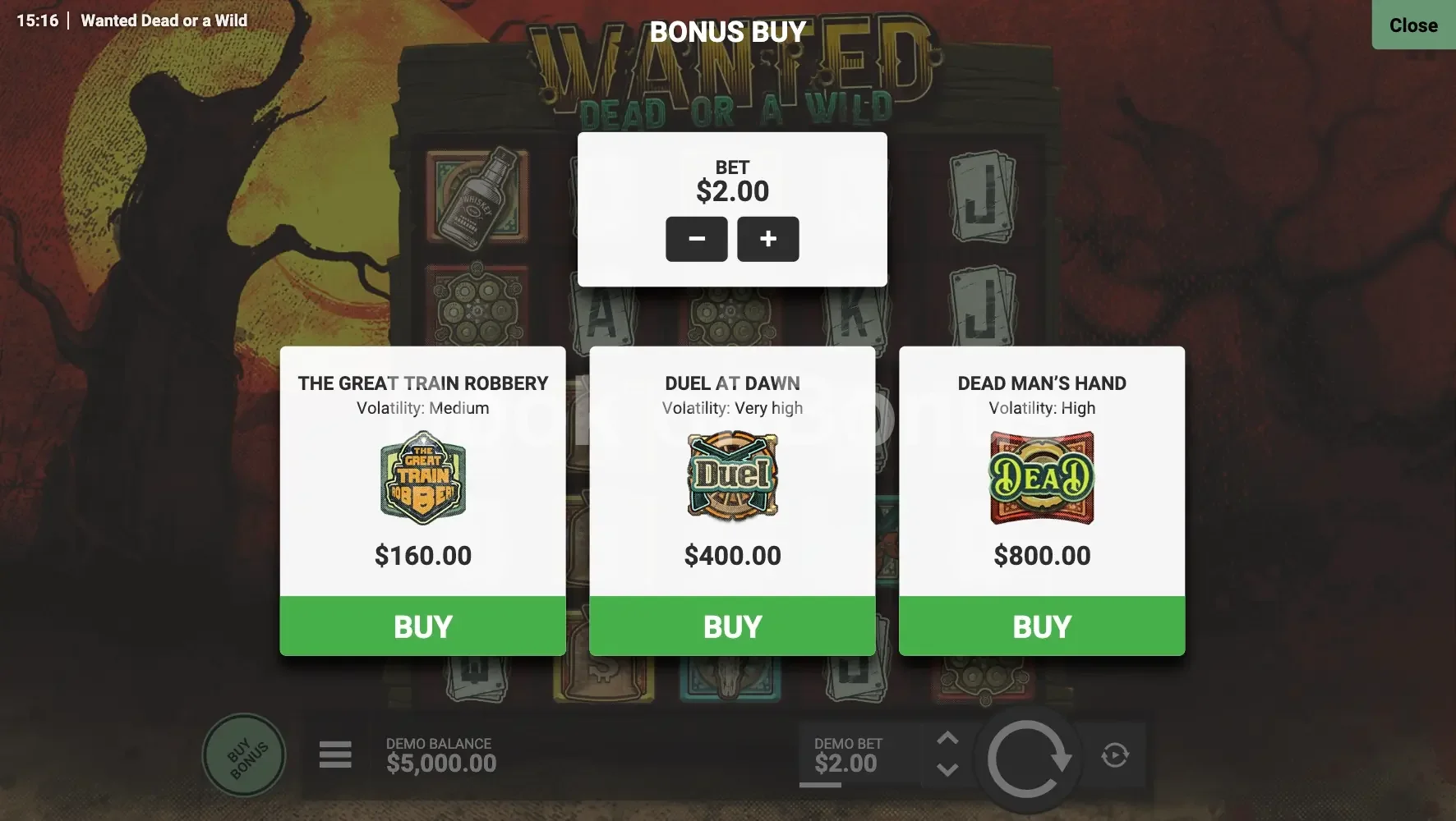 Wanted Dead or a Wild par Hacksaw Gaming - menu d'achat de bonus et options
