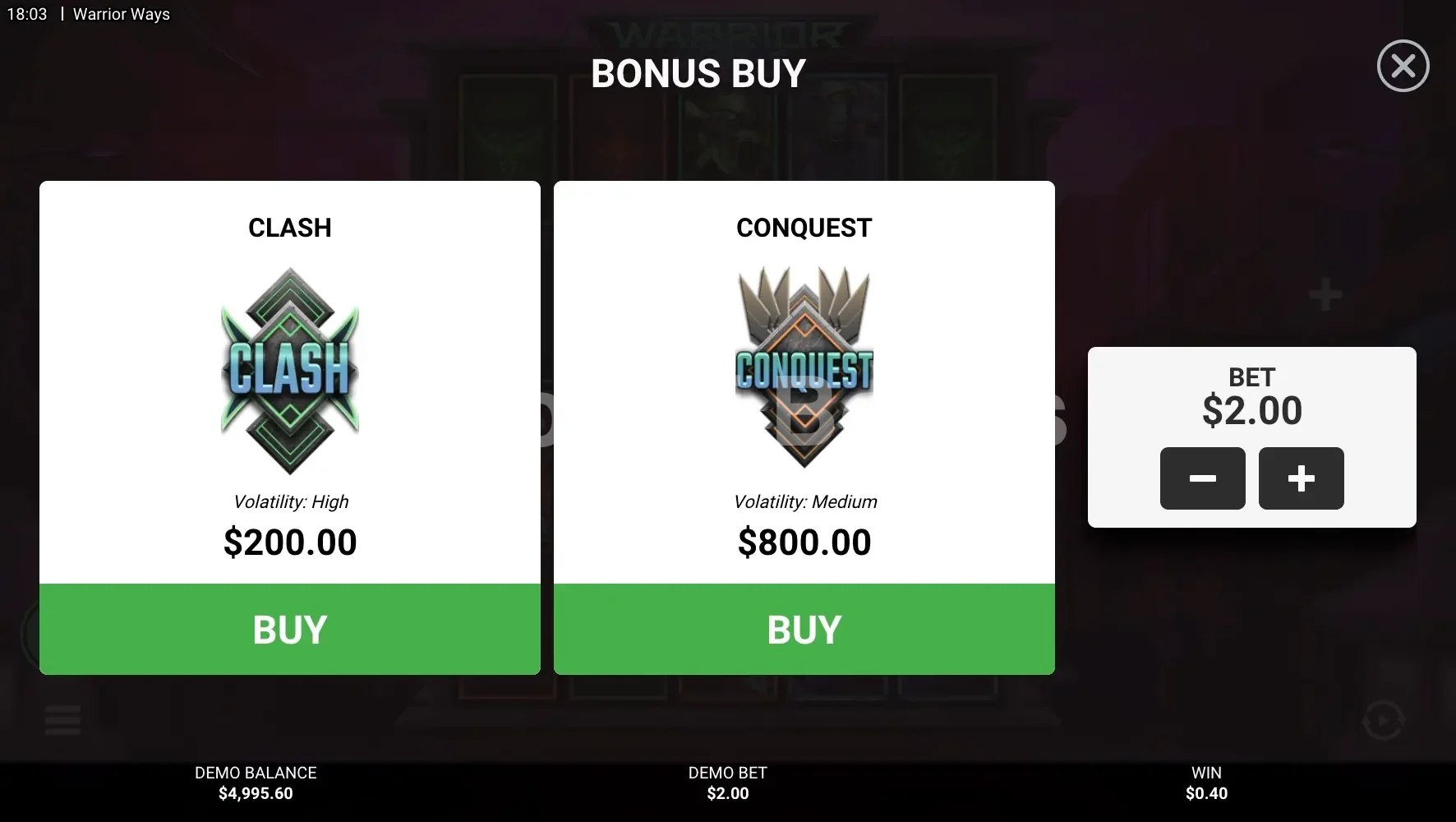 Warrior Ways par Hacksaw Gaming - menu d'achat de bonus et options