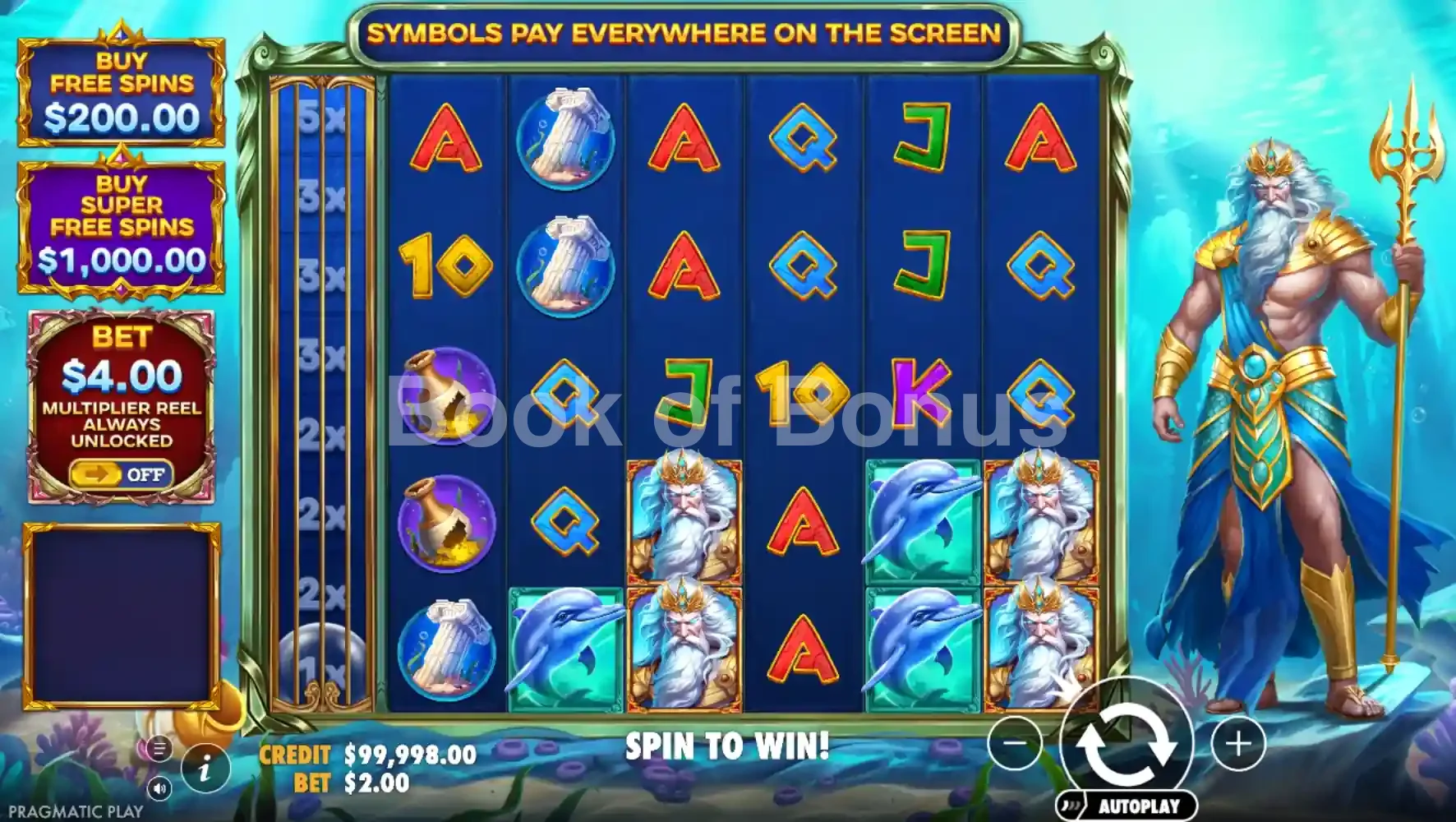 Waves of Poseidon par Pragmatic Play - jeu de base et disposition des rouleaux