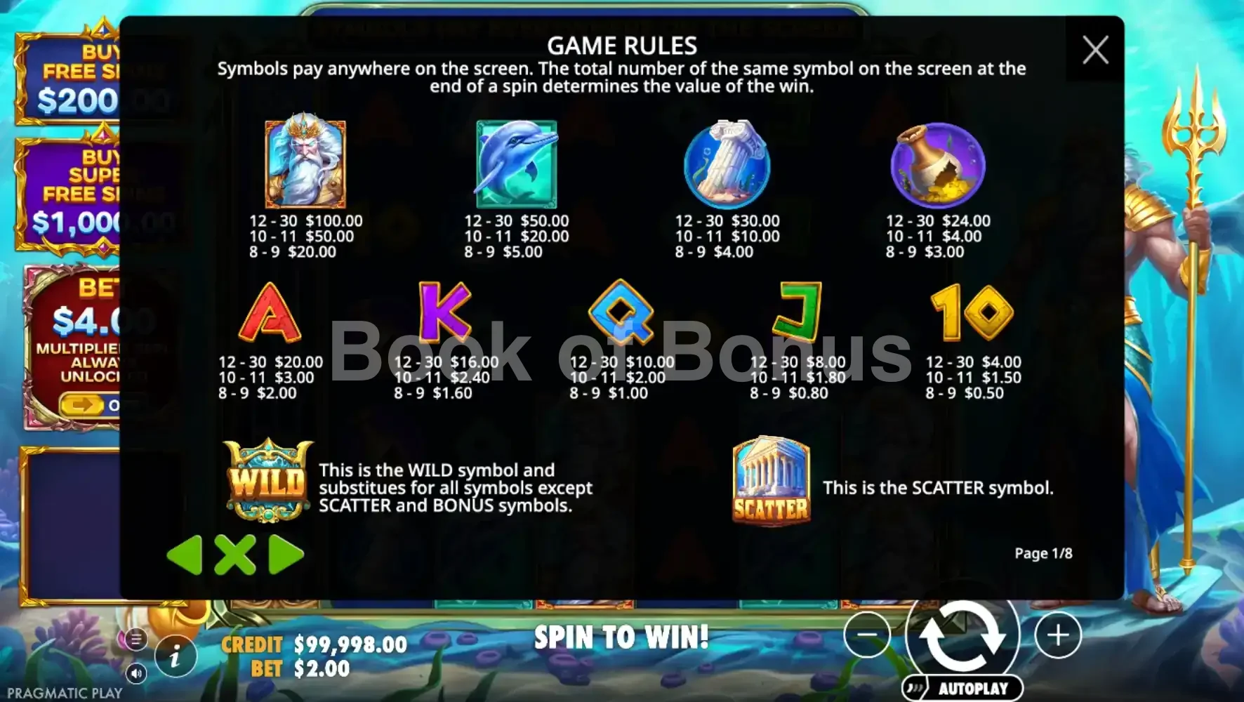 Waves of Poseidon par Pragmatic Play - table des gains et valeurs des symboles