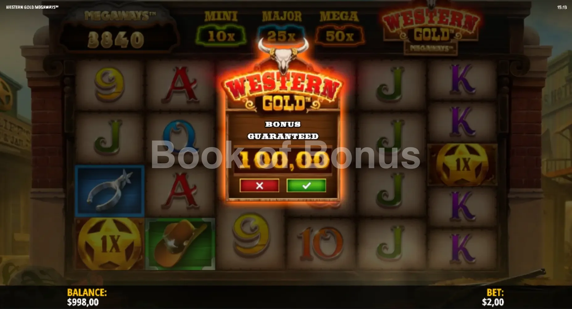 Western Gold Megaways par iSoftBet - menu d'achat de bonus et options