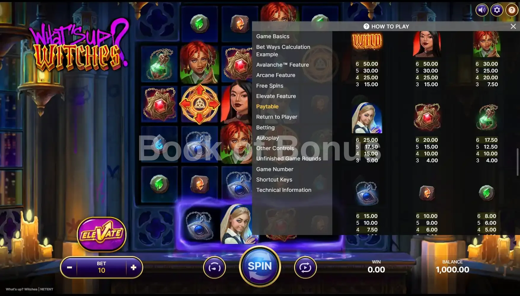 What’s Up Witches par NetEnt - table des gains et valeurs des symboles