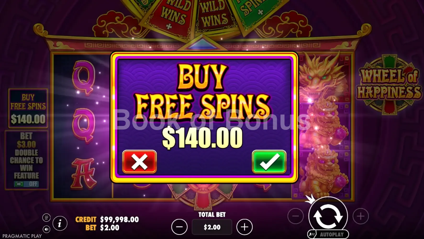 Wheel of Happiness par Pragmatic Play - menu d'achat de bonus et options