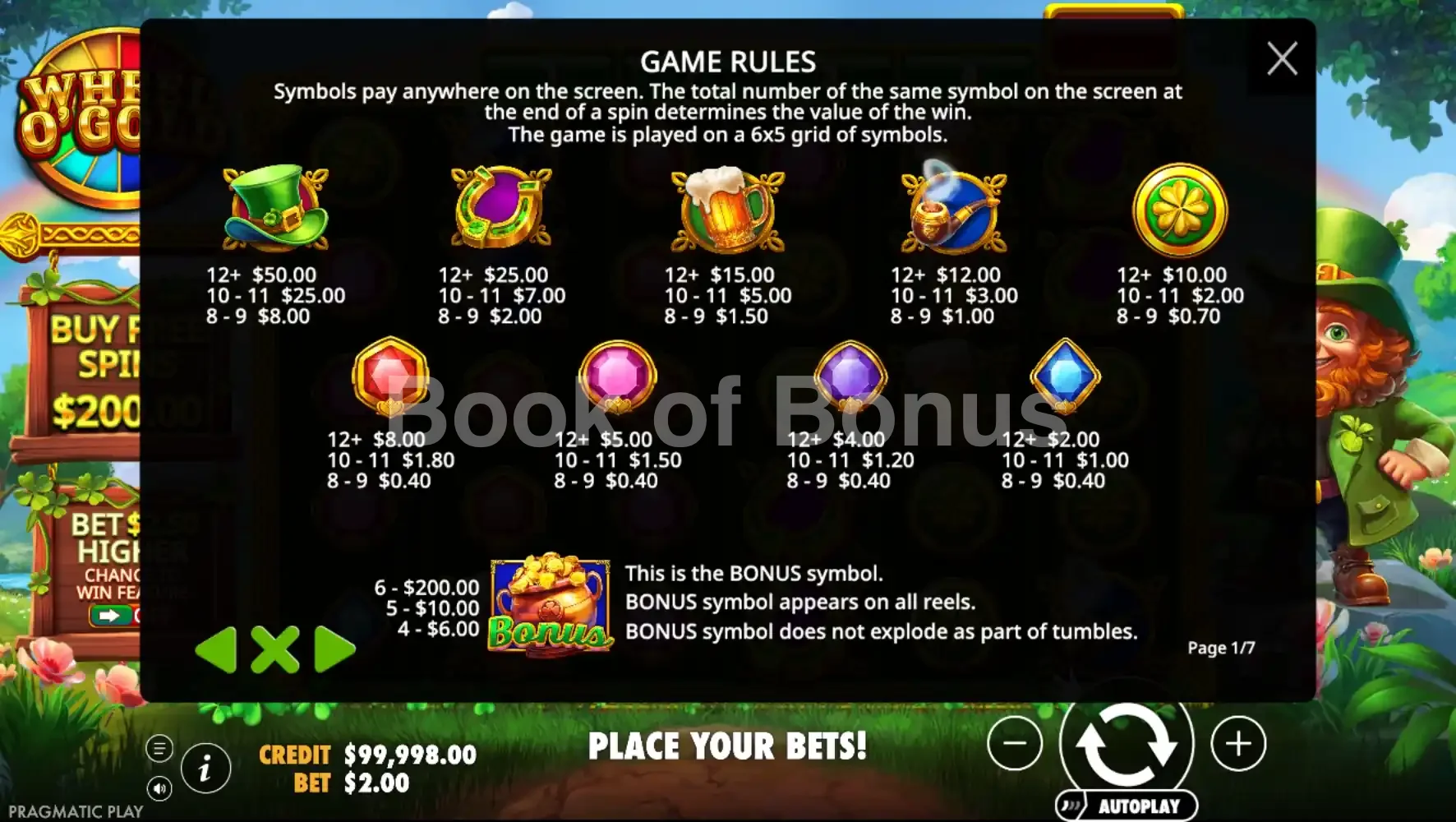 Wheel O'Gold par Pragmatic Play - table des gains et valeurs des symboles