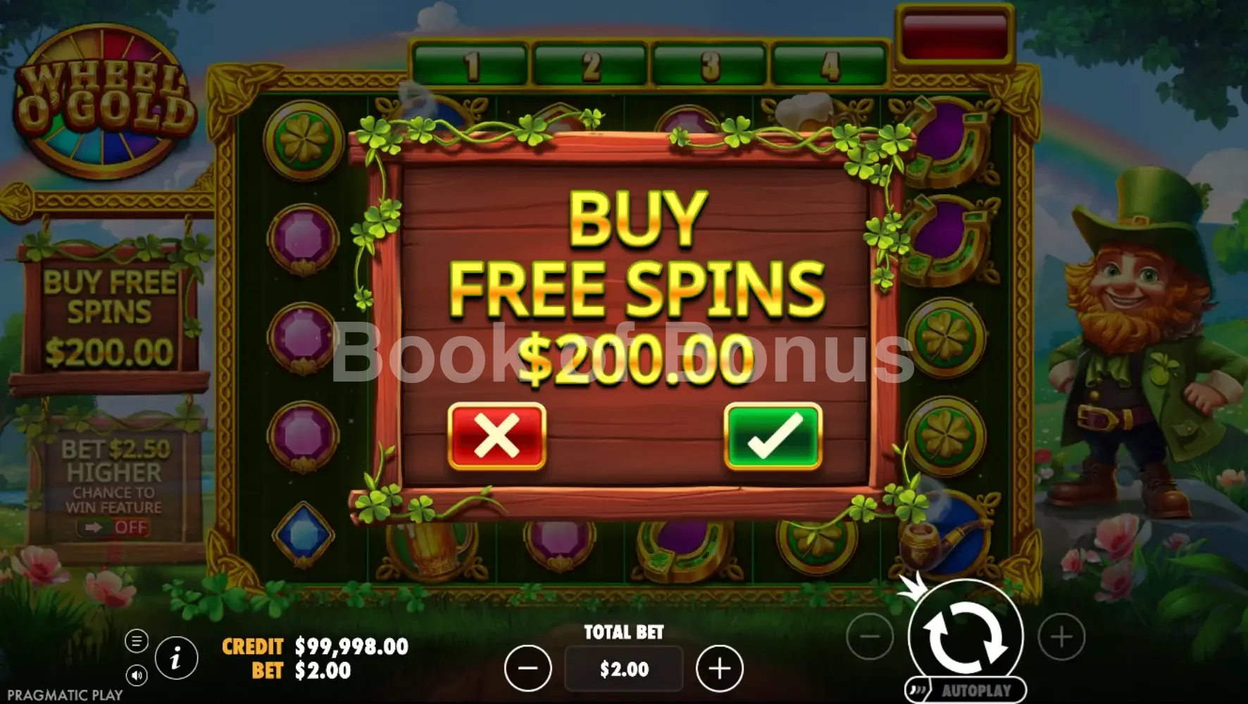 Wheel O'Gold par Pragmatic Play - menu d'achat de bonus et options