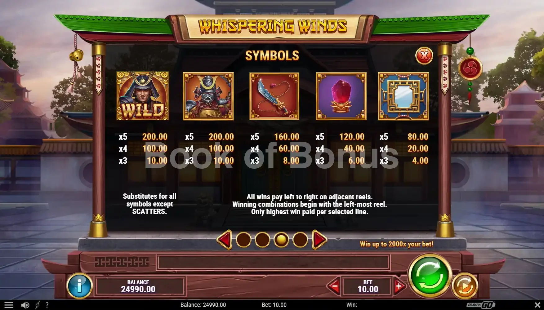 Whispering Winds par Play'n GO - table des gains et valeurs des symboles