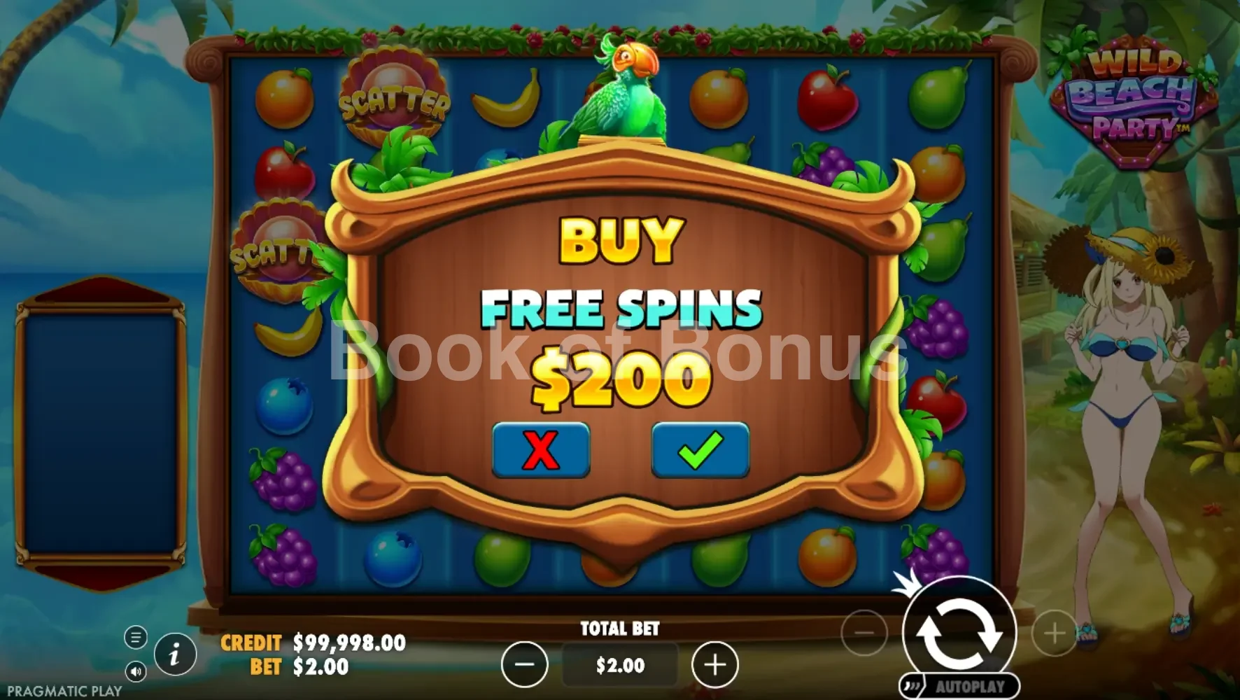Wild Beach Party par Pragmatic Play - menu d'achat de bonus et options