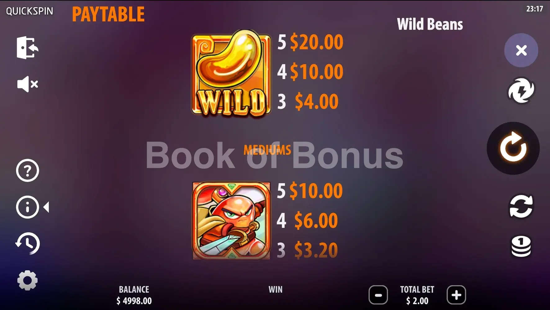 Wild Beans par Quickspin - table des gains et valeurs des symboles