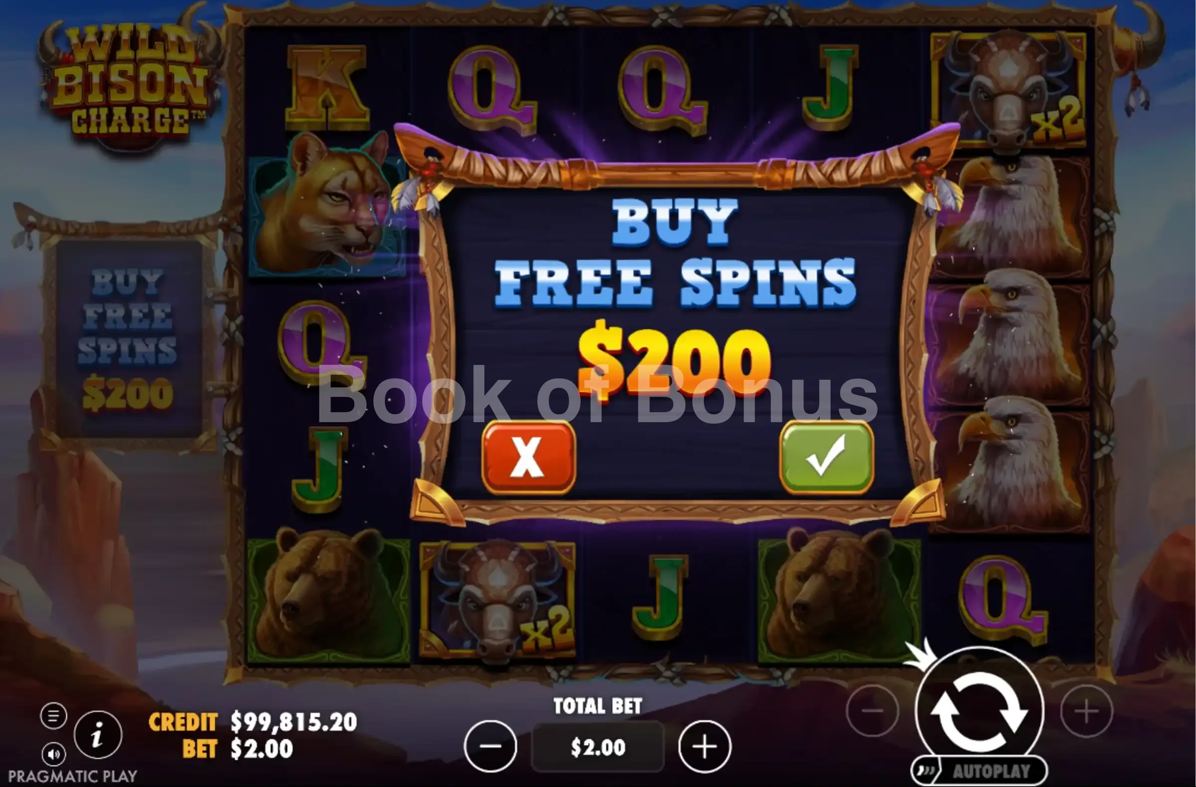 Wild Bison Charge par Pragmatic Play - menu d'achat de bonus et options