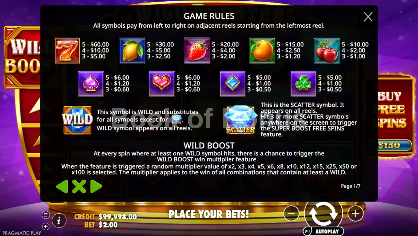 Wild Booster par Pragmatic Play - table des gains et valeurs des symboles