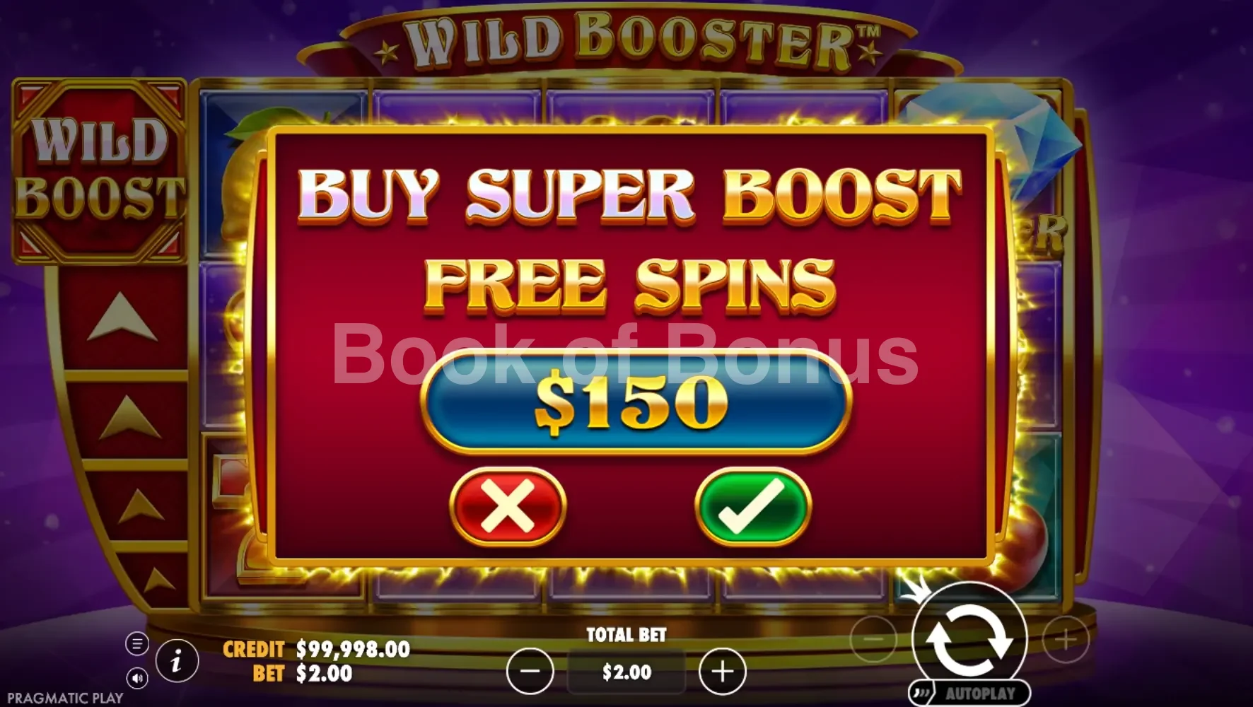 Wild Booster par Pragmatic Play - menu d'achat de bonus et options
