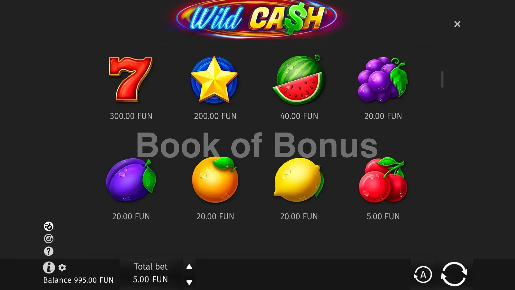 Wild Cash par BGaming - table des gains et valeurs des symboles