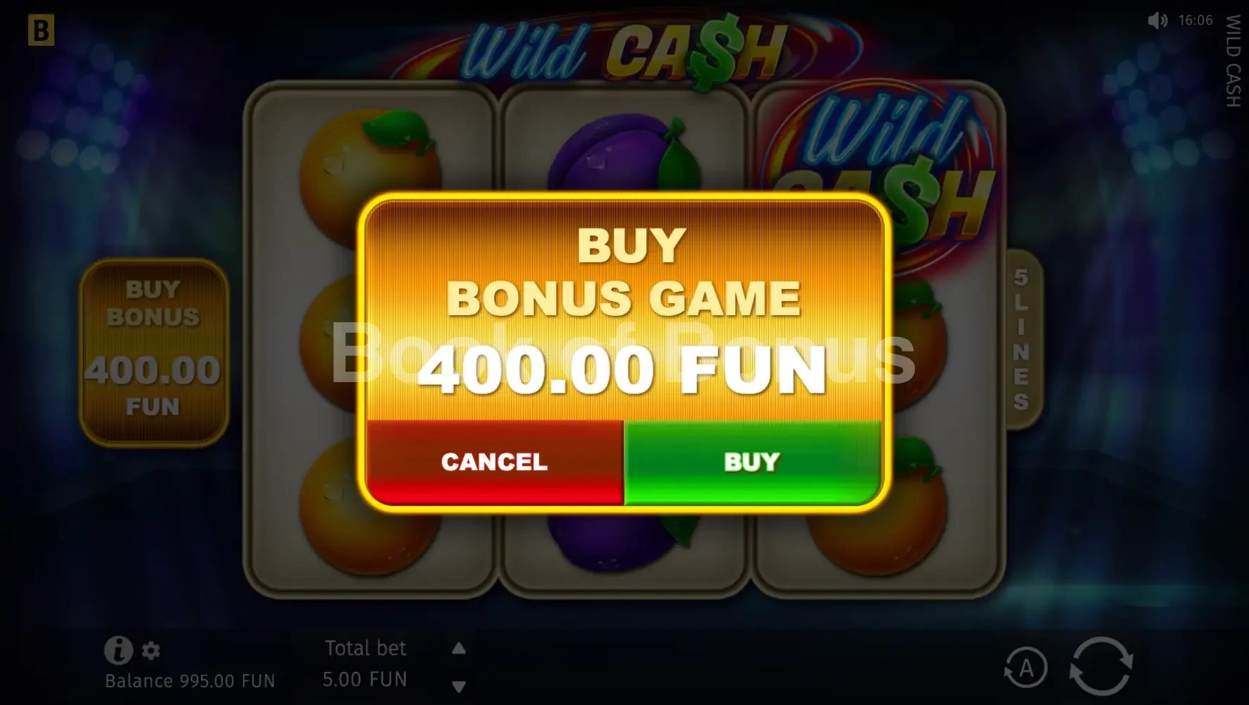 Wild Cash par BGaming - menu d'achat de bonus et options