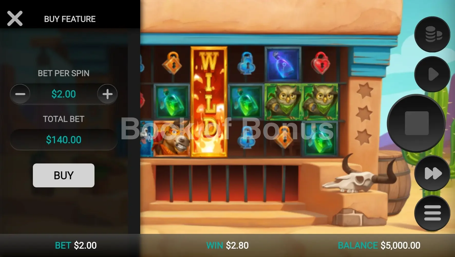 Wild Chapo 2 par Relax Gaming - menu d'achat de bonus et options