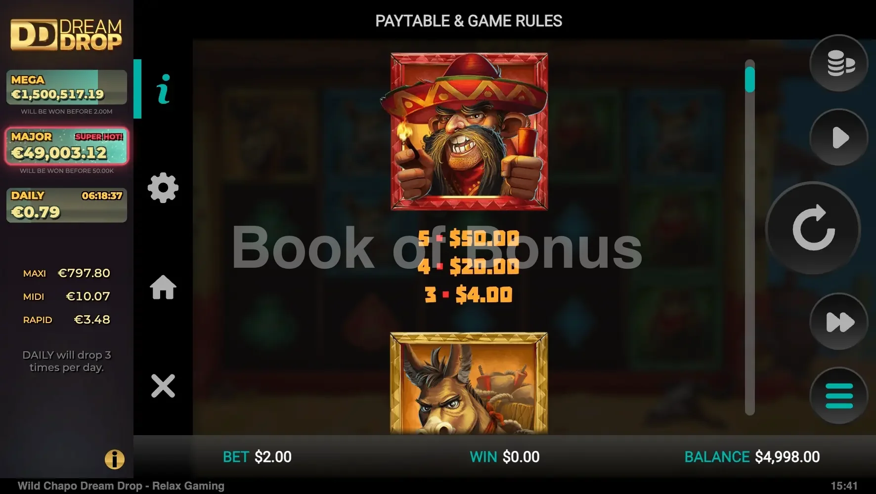 Wild Chapo Dream Drop par Relax Gaming - table des gains et valeurs des symboles