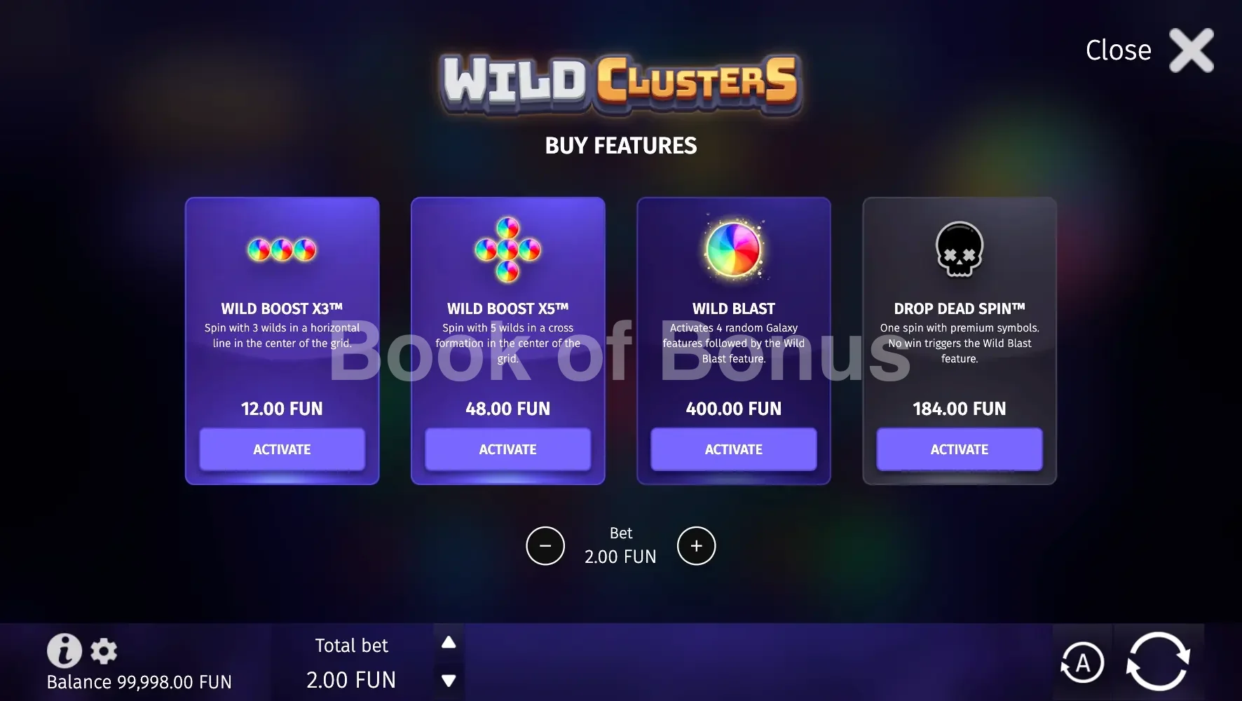 Wild Clusters par BGaming - menu d'achat de bonus et options