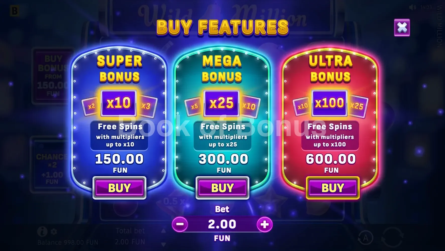 Wild Million par BGaming - menu d'achat de bonus et options