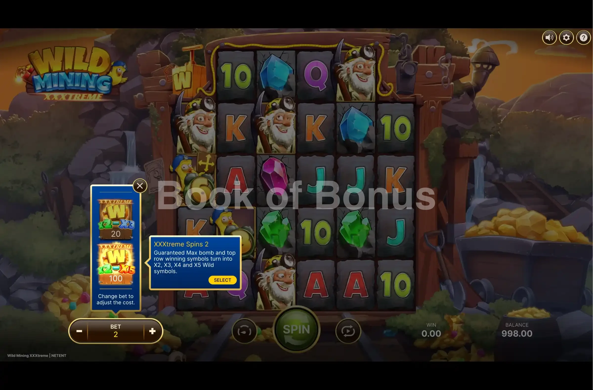 Wild Mining XXXtreme par NetEnt - menu d'achat de bonus et options