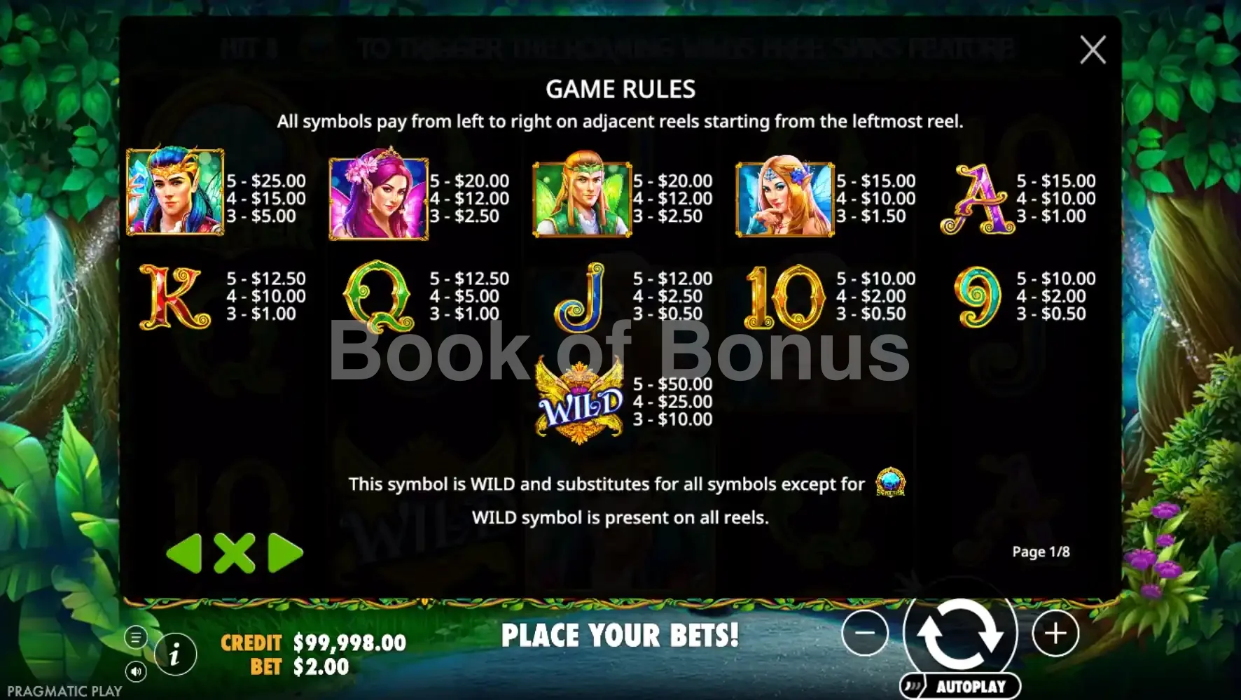 Wild Pixies par Pragmatic Play - table des gains et valeurs des symboles